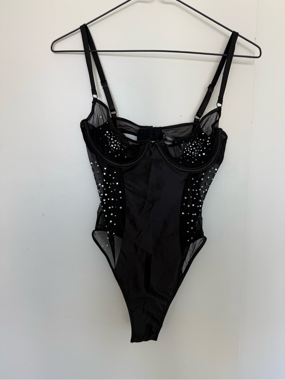 Black Embellished Mesh Underwire Bodysuit